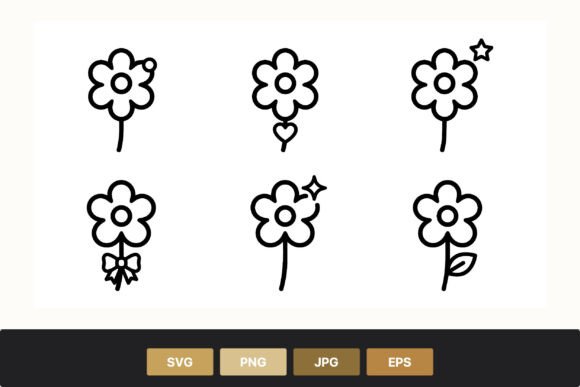 Black and White Cartoon Flowers Line Art