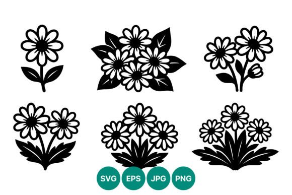 Black and White Daisy Flowers Vector Set for Graphics and Illustrations