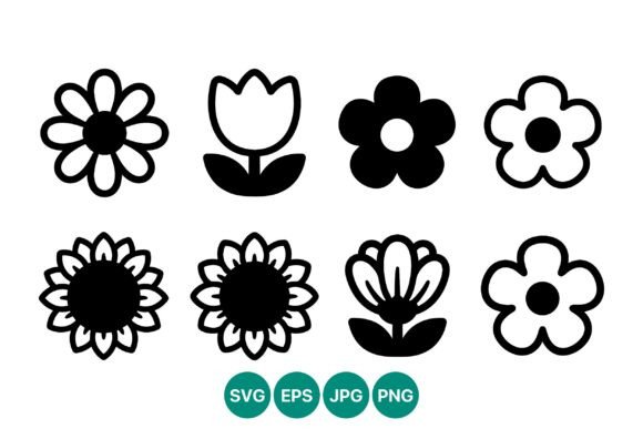 Black and White Flowers Icons in a Grid
