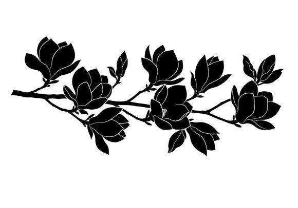 Black Magnolia Branch Outlines Flowers Graphics