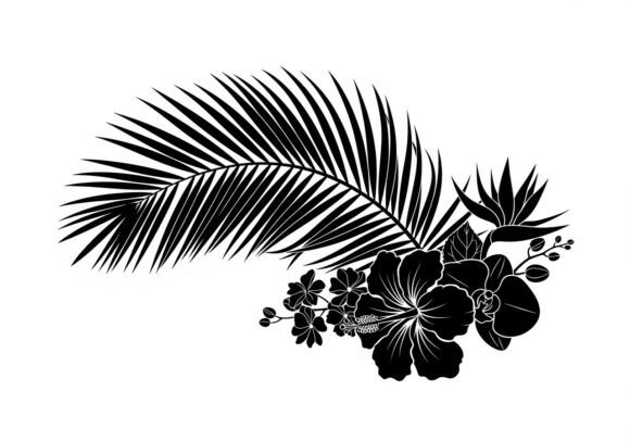 Black Palm Leaf and Tropical Flowers