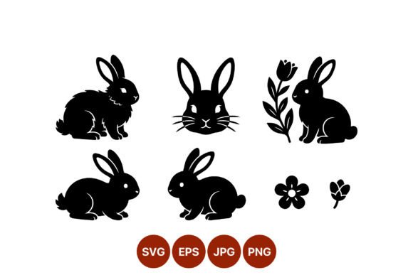 Black Rabbit Silhouettes Flowers Vector Graphics