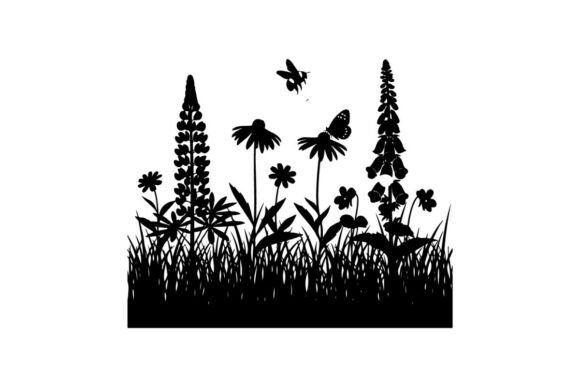 Black Silhouette of Flowers and Butterfl Graphics for Clean Illustrations