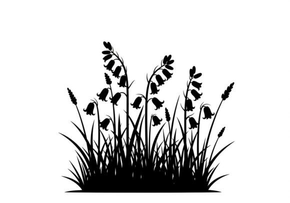 Black Silhouette of Lily Flowers Grass