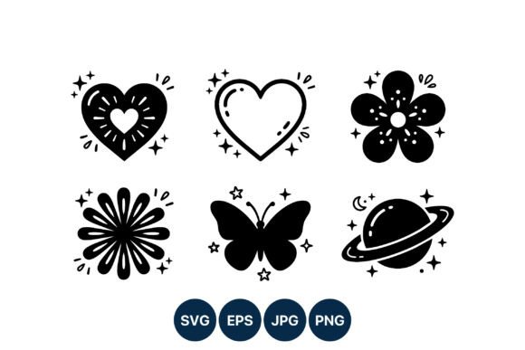 Black White Flat Hearts Flowers Icons