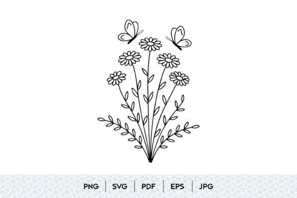 Butterflies Daisy Flowers Line Art Graphics