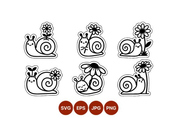 Cartoon Snails with Flowers Black White Graphics