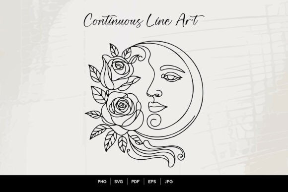 Celestial Moon Face with Roses Line Art Graphics