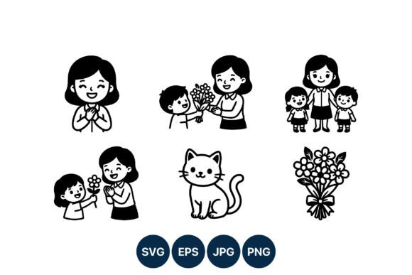 Children Giving Flowers to Mother Vector Graphics