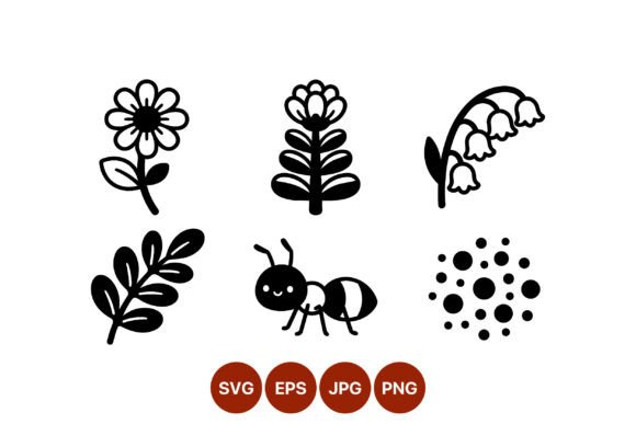 Cute Ant and Simple Flowers Black Vector Graphics