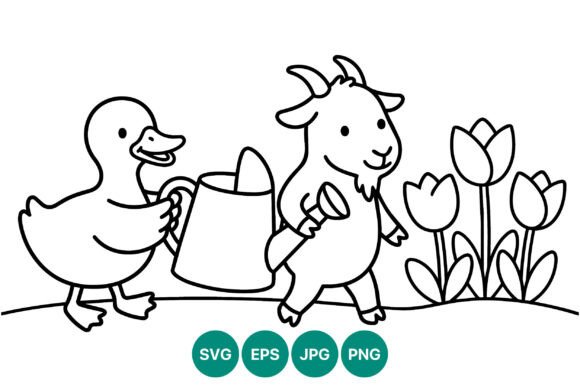 Cute Duck and Goat Watering Flowers Graphics