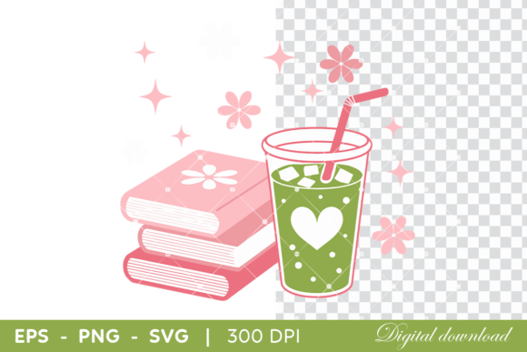 Cute Matcha Drink with Books and Flowers Graphics