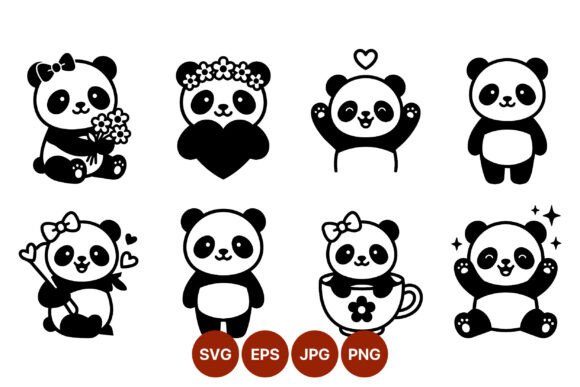 Cute Panda Bears with Flowers Hearts Graphics