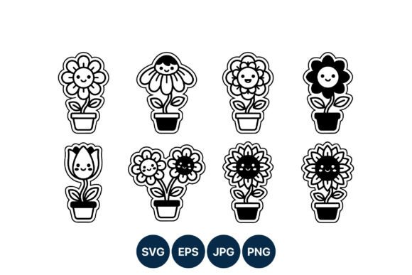 Cute Smiling Flowers Vector Art Set