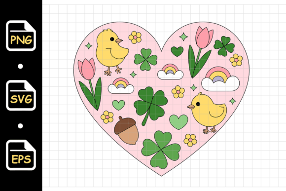 Cute Spring Heart with Chicks Flowers Graphics