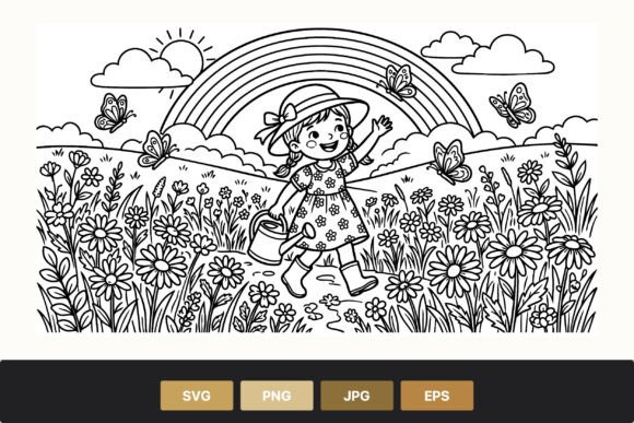 Girl Watering Flowers Line Art Vector Graphics