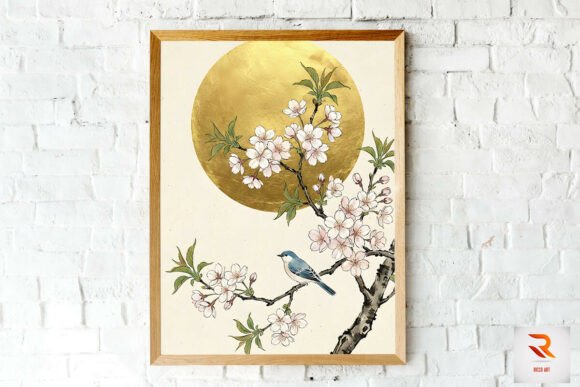 Golden Moon and Spring Flowers Wall Art Graphics