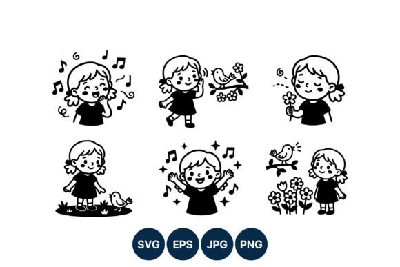Happy Girl with Birds and Flowers Graphics