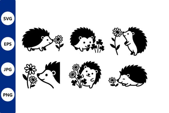 Hedgehog Silhouettes with Flowers in Graphics