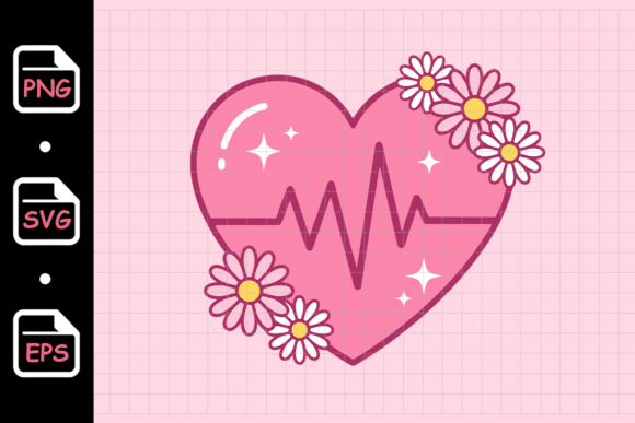 Pink Heartbeat Heart with Daisy Flowers Graphics