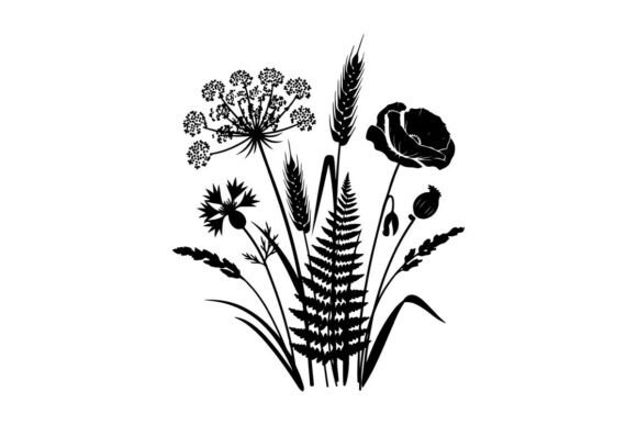 Silhouette of Various Flowers and Wheat Graphics