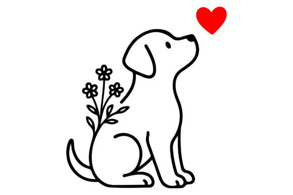 Sitting Puppy with Flowers and Heart Graphics