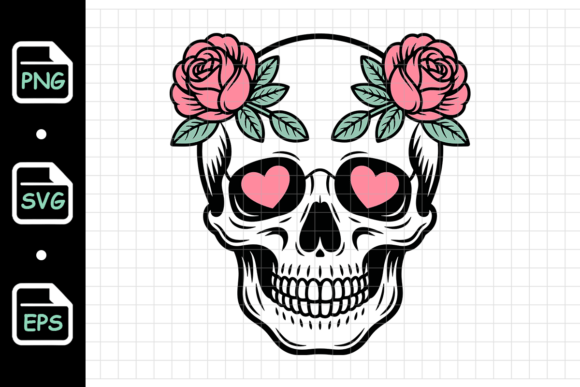 Skull with Roses and Heart Eyes Love Graphics