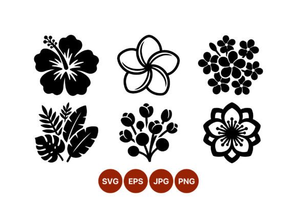 Tropical Flowers Leaves Black White Graphics