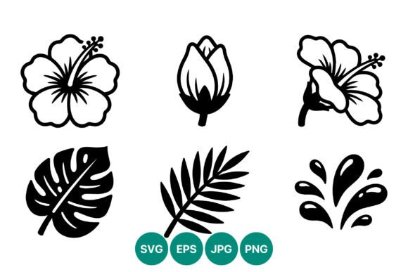 Tropical Flowers Leaves Vector Black Graphics