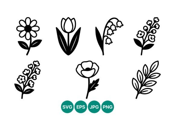 Vector Line Art Flowers Set with Simple Graphics