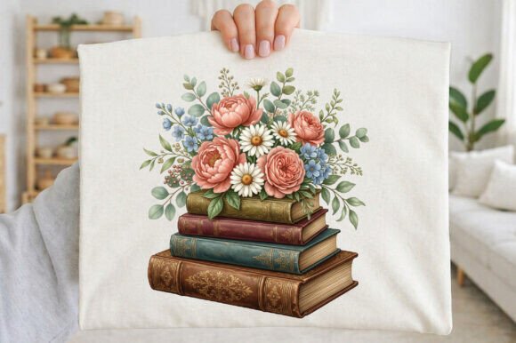 Watercolor Vintage Books with Flowers Graphics