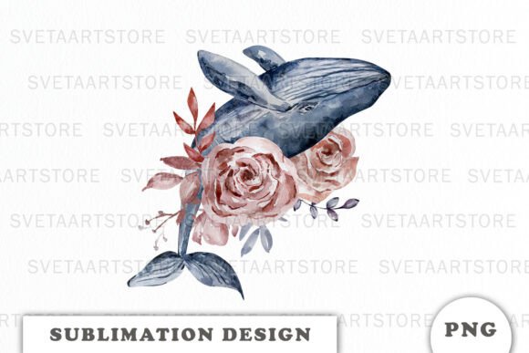 Watercolor Whale with Flowers Png