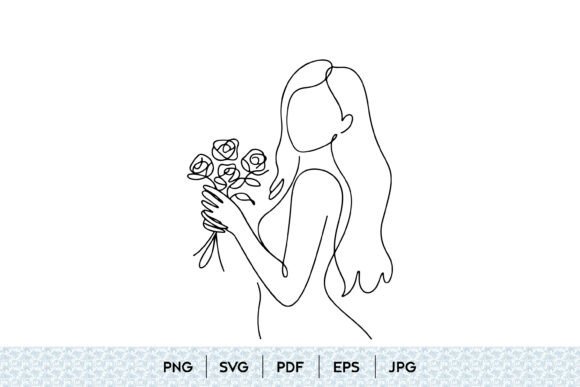 Woman Holding Flowers Line Art Graphics
